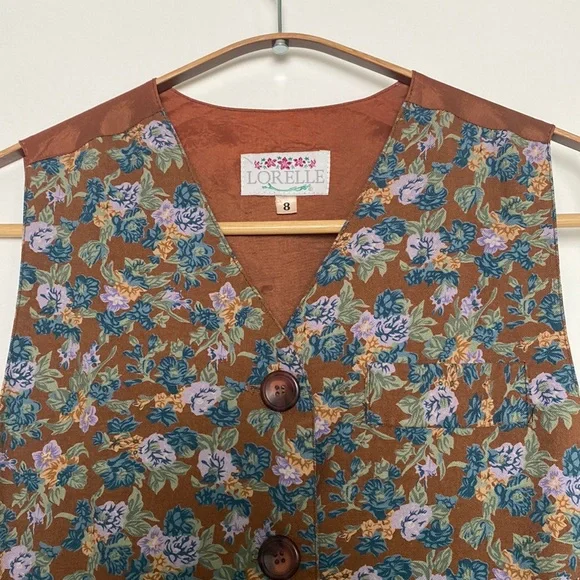 Vintage Floral Vest Women SZ 8 Tan Purple Cottagecore Granny 90s Made in Canada - Picture 3 of 14